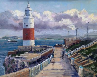 Europa Point Lighthouse, Gibraltar, oil on wood, 10x8 ins