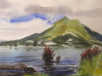 Plein air watercolor painting at the edge of the lake San Pablo-ECUADOR, 38cm x 28cm, 2019