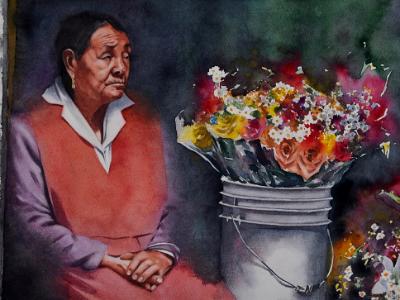 Portrait of a street flowers seller, 38cm x 56cm, 2019