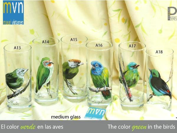 Set of handpainted glasses: GREEN BIRDS