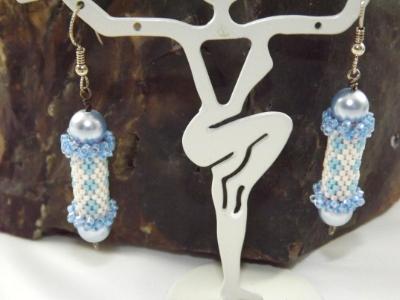 E-105 Blue & White Bead Tube Earrings E-105 Blue & White Bead Tube Earrings