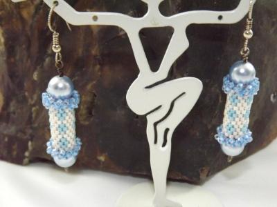 E-105 Blue & White Bead Tube Earrings