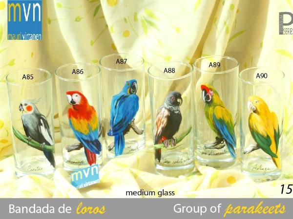 Set of Handpainted glasses: GROUP OF PARAKEETS