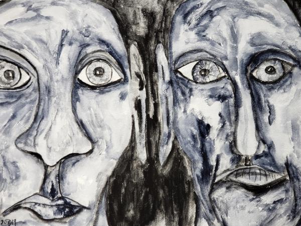 The grey faced voyeurs continued to stare at him in silence © 2019 By Duane Kirby Jensen,  9 x 12 watercolor, ink, and graphite 
