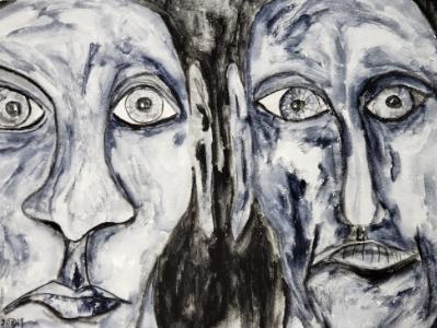 The grey faced voyeurs continued to stare at him in silence © 2019 By Duane Kirby Jensen, 9 x 12 watercolor, ink, and graphite The grey faced voyeurs continued to stare at him in silence © 2019 By Duane Kirby Jensen, 9 x 12 watercolor, ink, and graphite
