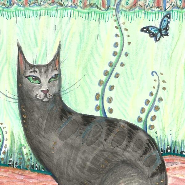 Black cat with butterfly original folk art whimsical cat painting