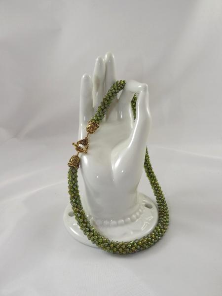 N-97 Olive Green AB Crocheted Rope Necklace