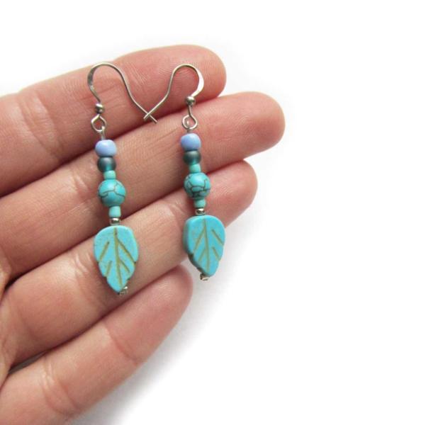 Boho turquoise leaf feather earrings