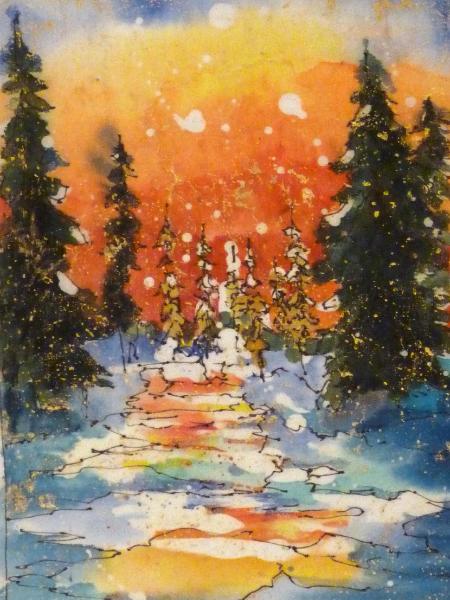 Winter Sunset 5" x 7" Watercolor Batik on Rice Paper 