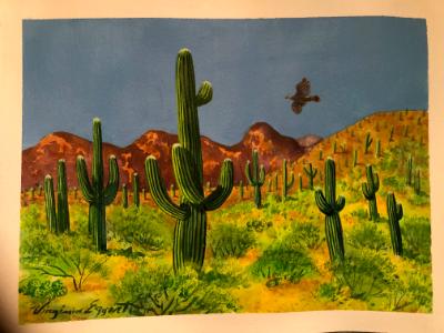 Saguaros with Hawk