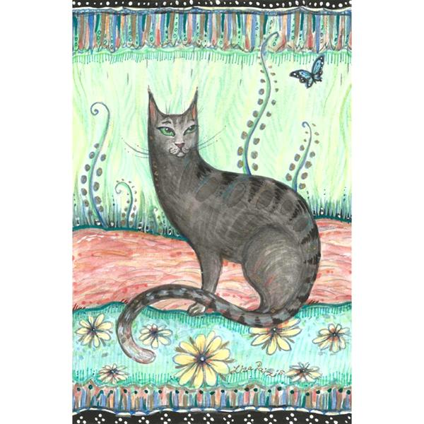 Black cat with butterfly original folk art whimsical cat painting