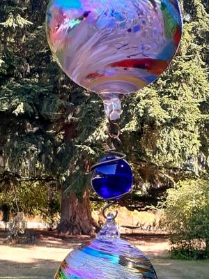 #08042521 three Hanging Ball Sculpture Iridised Upgrade Lg-6.25'' Med-5'' Sm-4'' 29'' Long $280.00 #08042521 three Hanging Ball Sculpture Iridised Upgrade Lg-6.25'' Med-5'' Sm-4'' 29'' Long $280.00