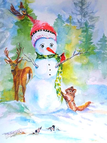 Snowman with deer and squirrel