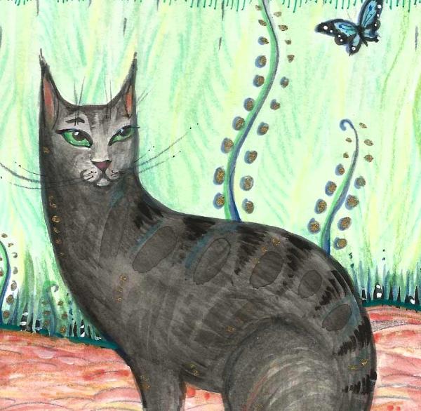 Black cat with butterfly cat art print