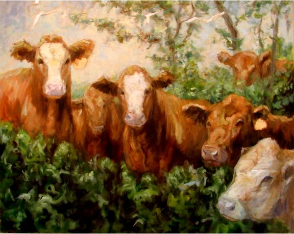 Heifers in a Grove with Egrets