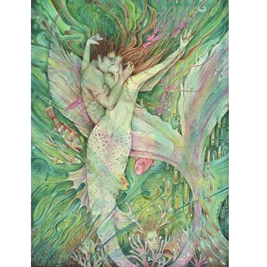 The Mermaid and the Sailor art print of two mermaid lovers original romantic mermaid art