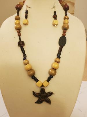 Wooden and multi-mix beads with glass Starfish pendant 