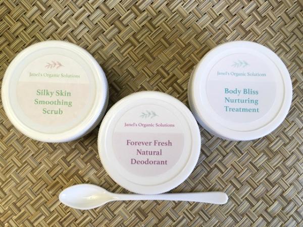 Janel's Organic Solutions Travel/Trial Size Kit  $18 includes 1 oz each: Silky Scrub, Forever Fresh & Body Bliss