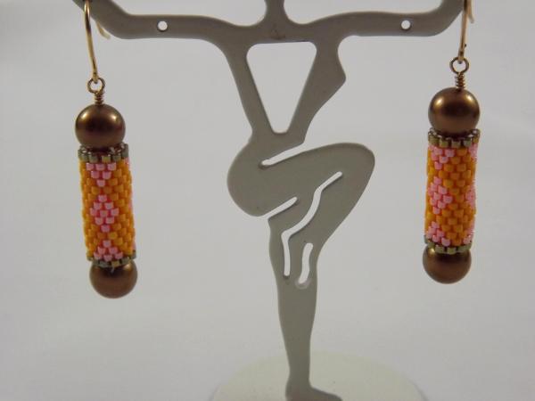 E-103 Golden Yellow & Pink Bead Tube Earrings with Bronze Pearl