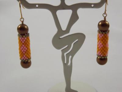 E-103 Golden Yellow & Pink Bead Tube Earrings with Bronze Pearl