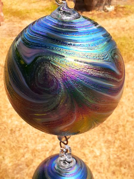 #07302514 Three Hanging Ball Sculpture Starry Night Design Iridised Lg-7'' Med-6'' Sm-4.5'' Long-25'' $200.00