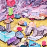 In a land of misshapen geometric shapes, each lies in their own pool of dried tears, unable to feel of communicate with other...