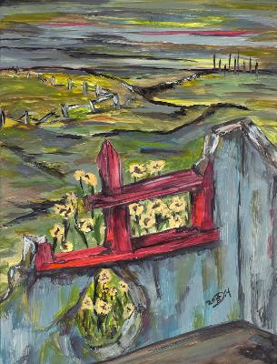 Spring Blooms Beneath the Silence of the Red Window Frame. Spring Blooms Beneath the Silence of the Red Window Frame.
