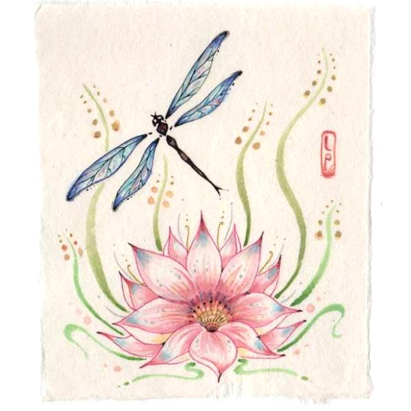 Dragonfly with lotus flower original Zen style painting