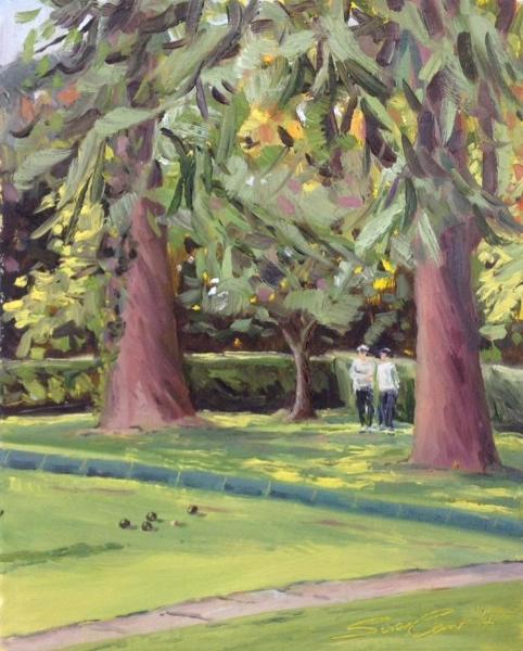 The Bowling Green, Swindon Old Town Gardens, oils, 10x8 ins.