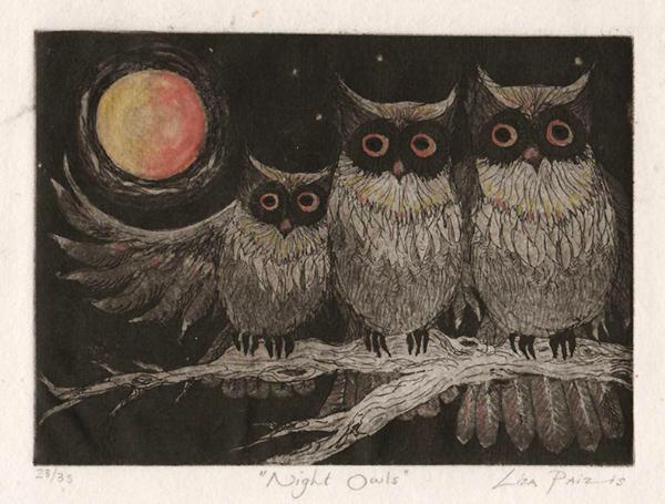 Night Owls limited edition owl etching print by Liza Paizis