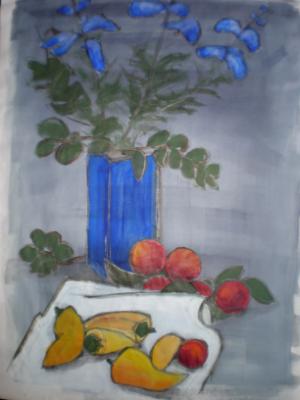 Still Life, Flowers, Fruit and Peppers