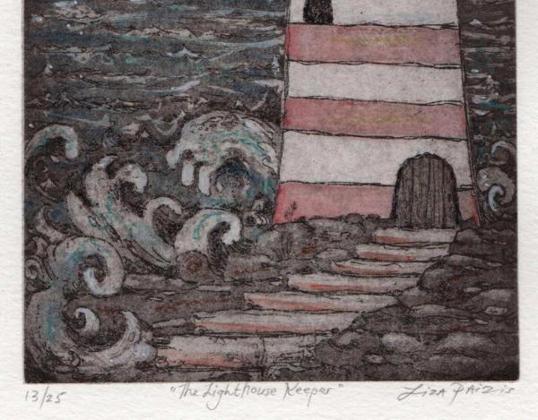 Lighthouse Keeper illustration whimsical lighthouse etching hand colored with poem