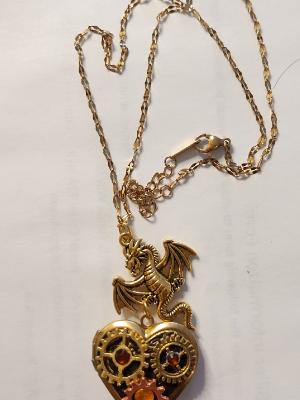 Golden Steampunk Dragon  heart locket