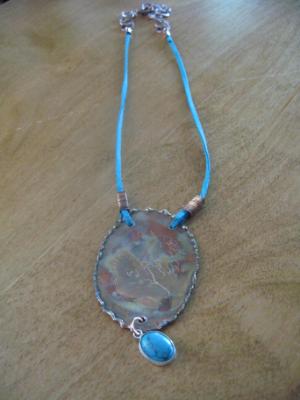 13-054 Copper with sterling, turquoise stone and leather Necklace