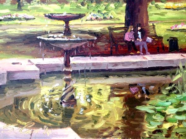 The fountain, Swindon Old Town Gardens, 7x5 ins, oils.