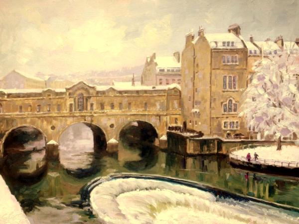 Winter, Pulteney Bridge, 16 x 12 ins, oils