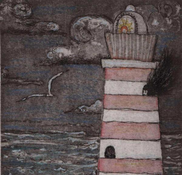 Lighthouse Keeper illustration whimsical lighthouse etching hand colored with poem