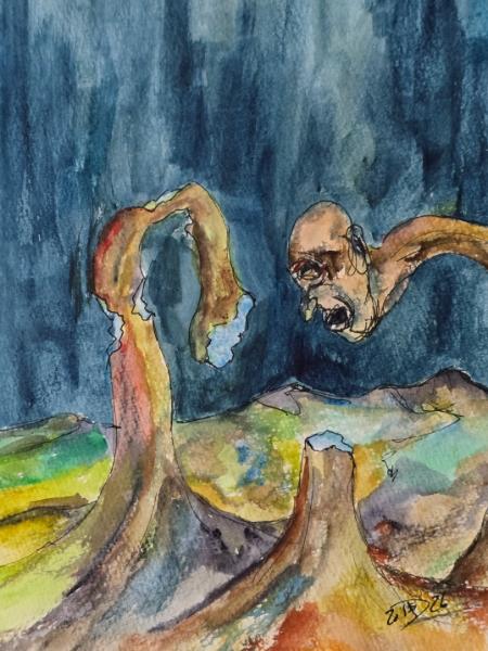 Stunned, the mushroom man gasps at his impending demise. 