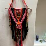 SOLD  Black/green/pink /orange Macrame with bead embroidered silk ends centerpeice