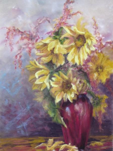 Sunflowers in Red Vase