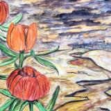 Peonies root in a dry riverbed, unmoved by the silence of the fallen city that lurks along the horizon