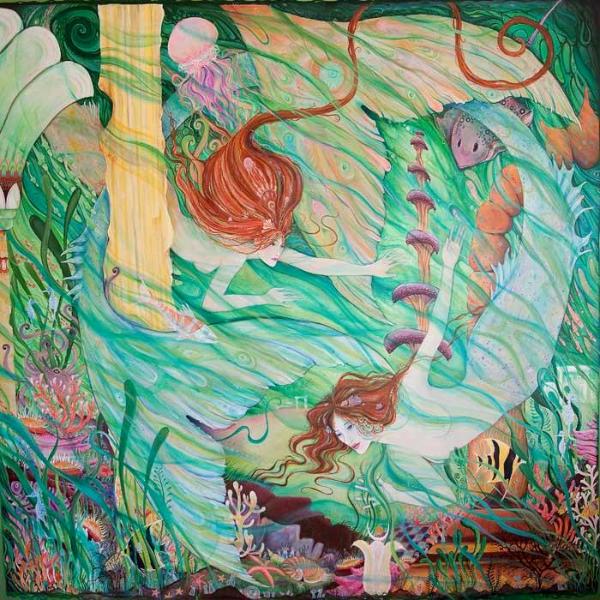 Mermaids in Atlantis fantasy art print from an original painting by Liza Paizis