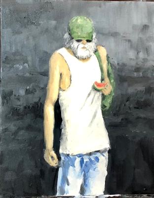 Homeless Man Eating Watermelon at Lakeside Meal Event