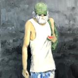 Homeless Man Eating Watermelon at Lakeside Meal Event