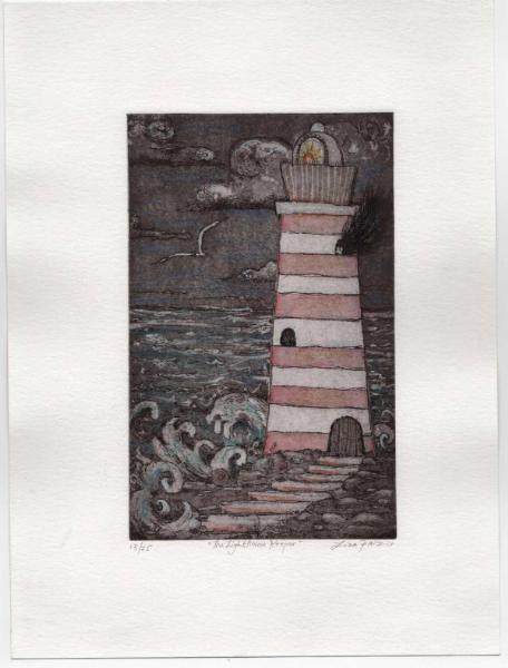 Lighthouse Keeper illustration whimsical lighthouse etching hand colored with poem