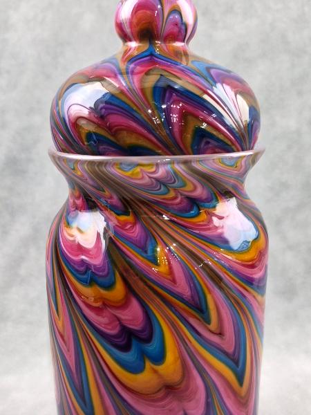 #07022609  Jar with lid Rainbow TieDie 10.5''HX4.25''W $300.00