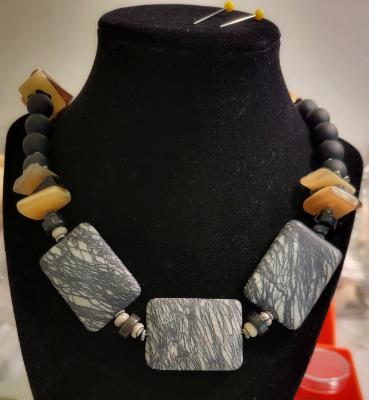 Necklace of agate , wood and bone Necklace of agate , wood and bone