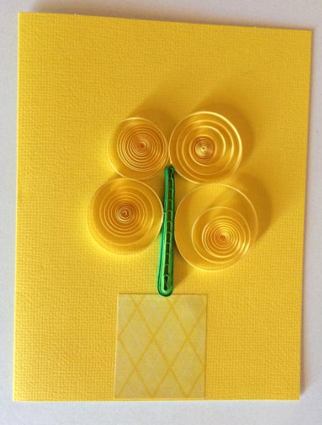 Yellow vase with flowers handmade quilling greeting card.