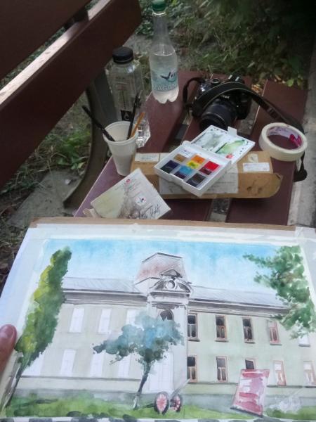 Plein air watercolor painting of the Museum Judetean Antonescu, Giurgiu-ROMANIA,, 28cm x 38cm, 2018