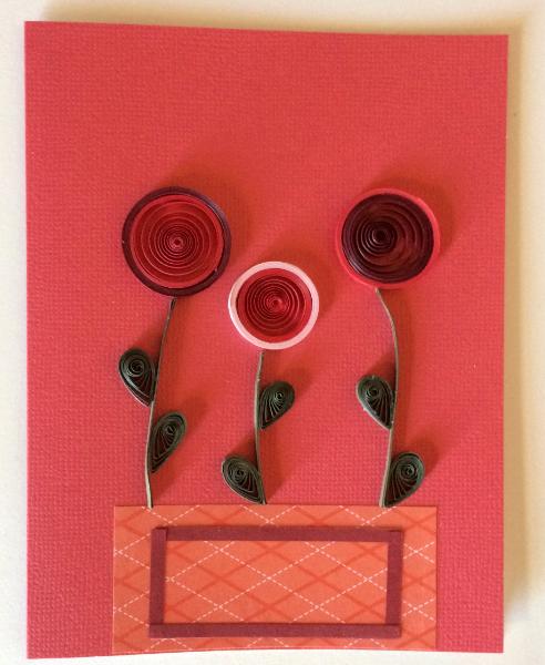 Red vase with flowers handmade quilling greeting card.